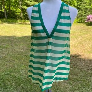 JOIE TOP TANK BLOUSE GREEN WHITE STRIPE SHEER SLEEVELESS V-NECK SIZE S